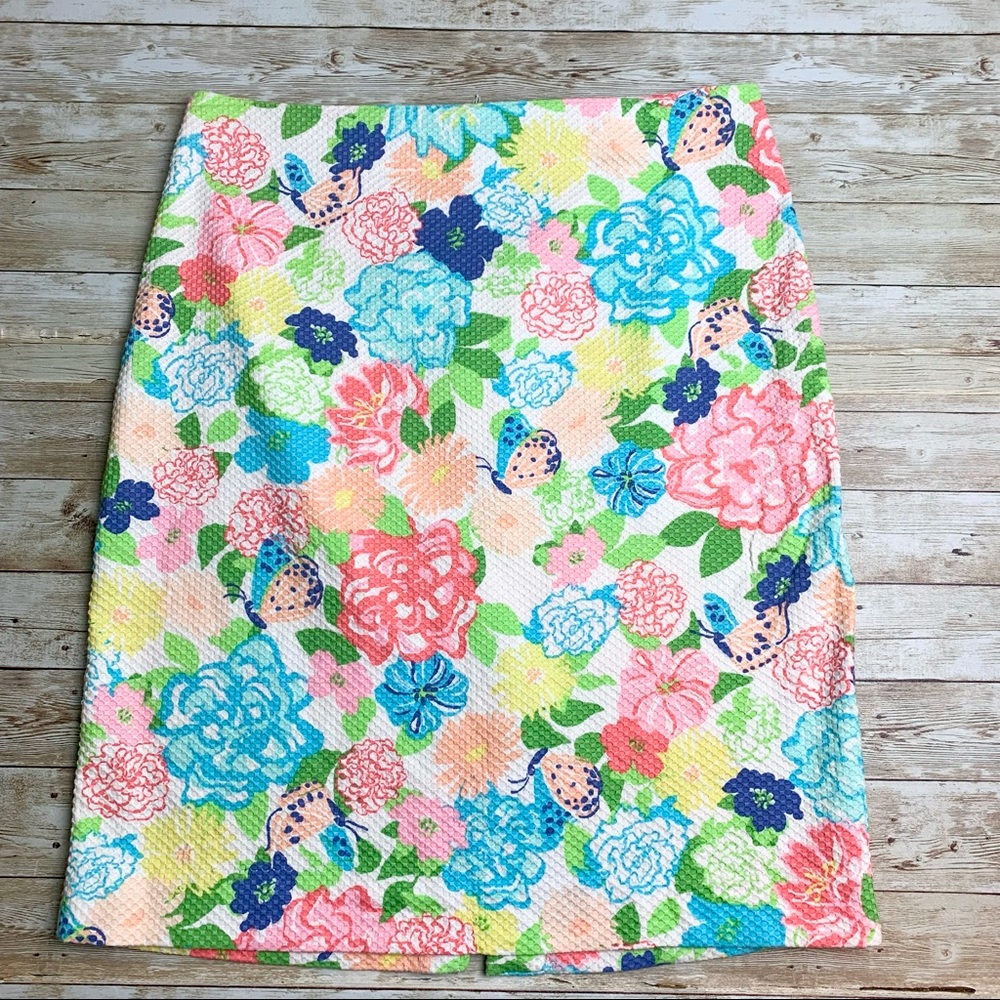 Talbots floral seersucker skirt pink blue yellow white back zip EUC 6😍